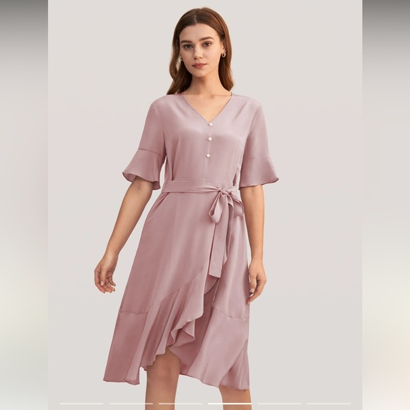 Lilysilk Ruffle Trim V-Neck Silk Dress on Lotus - Picture 1 of 10